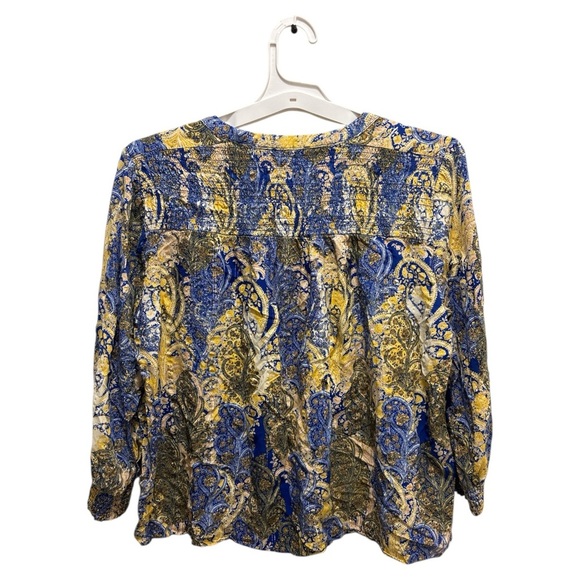 Rose & Olive Blue and Yellow Graphic Blouse with Notched Collar - Picture 2 of 6